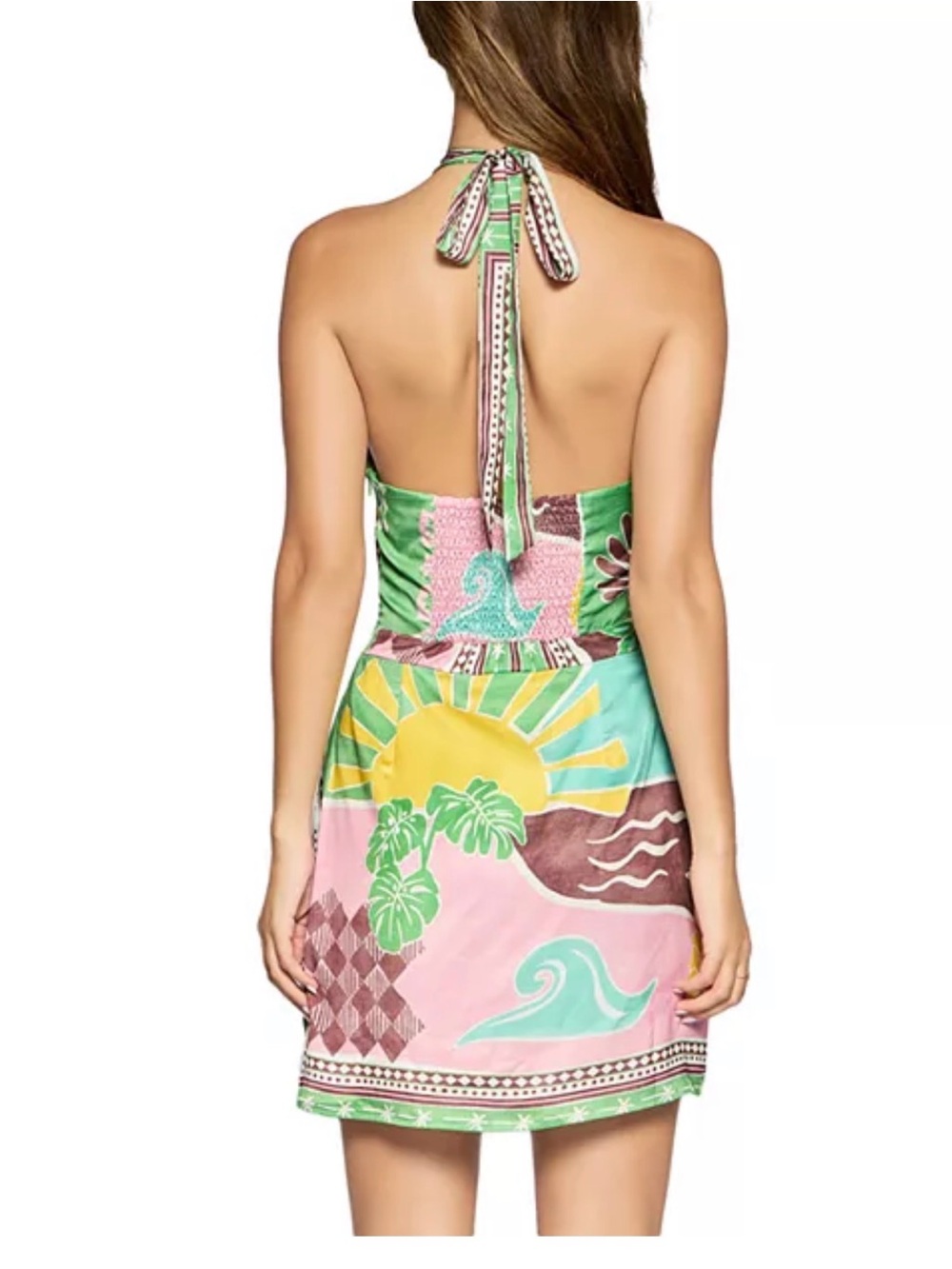 Lost + Wander Tropical Print Halter Mini Dress in Green, Pink, Yellow - Picture 2 of 2